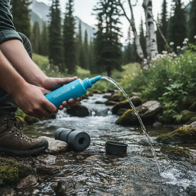 A lightweight, blue backpacking bidet bottle being used outdoors near a stream to illustrate the best backpacking bidet solution for hikers.