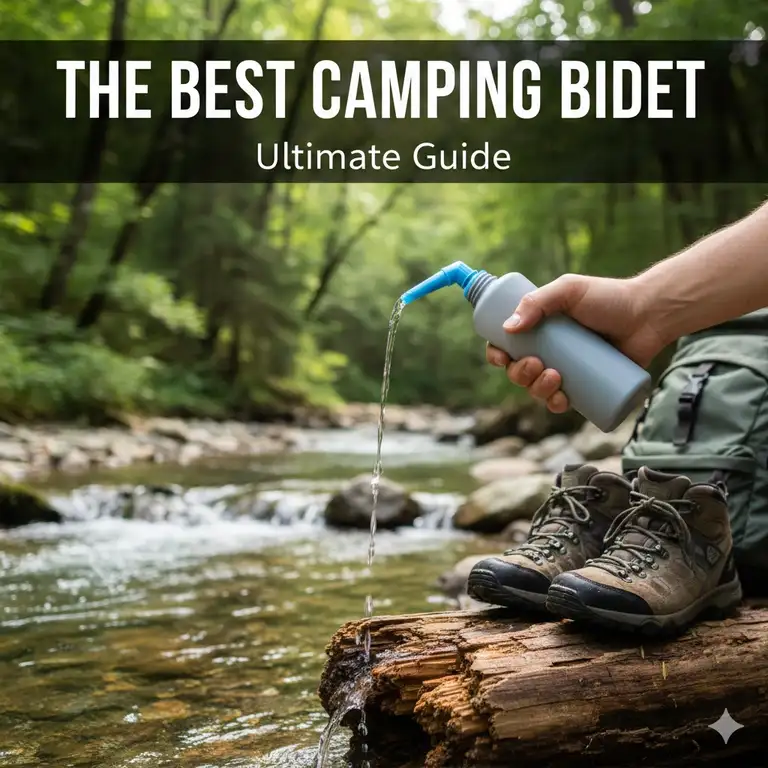 A lightweight, portable best camping bidet bottle with an angled nozzle being used outdoors near a stream, illustrating the ease and comfort for backpacking and hiking trips.