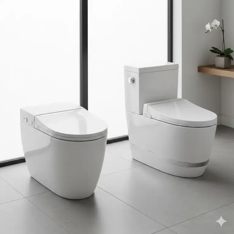 A high-angle view of two sleek, modern units, showcasing the differences between toto vs kohler bidet toilets designs.