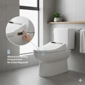 Detailed illustration showing the waterproof battery compartment located on the side of a battery operated bidet toilet seat.