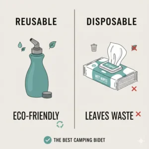 A side-by-side comparison showing a reusable bottle next to disposable wet wipes, highlighting the eco-friendly advantage of using the best camping bidet for personal hygiene in nature.