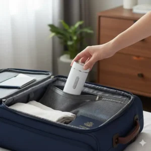 A compact battery operated bidet being packed into a travel bag for portability.