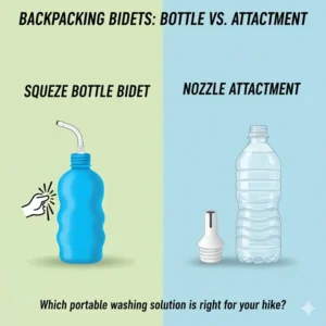 Side-by-side comparison of a squeeze bottle bidet and a simple nozzle attachment, detailing the different types of the best backpacking bidet available.
