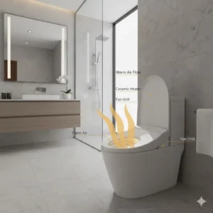 Illustration showing the adjustable warm air flow of a bidet seat dryer.