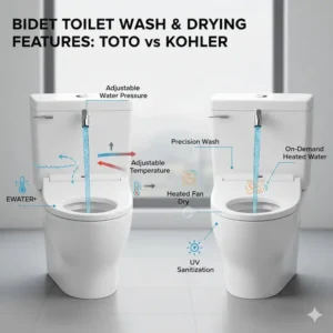 Detailed diagram illustrating the superior wash and drying features of toto vs kohler bidet toilets, including adjustable nozzle positions.