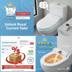 A shopping cart graphic indicating where to apply the current bidet king discount code for the sale.