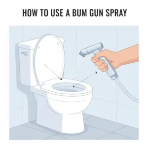 Illustration demonstrating proper hygiene technique when using a handheld sprayer, covering the bum gun vs bidet method.