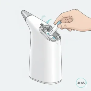Illustration showing the battery compartment and power source of a battery operated bidet.