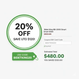 Graphic showing the percentage off or total savings achieved by using a valid bidet king coupon code on a purchase.