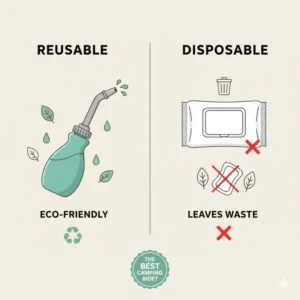 A simple diagram demonstrating the proper technique and angle for using a handheld bottle with an extended nozzle for effective and hygienic outdoor cleaning using the best camping bidet.