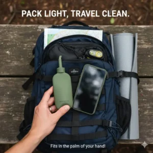 Close-up showing how small and lightweight a portable travel bidet is when packed inside a hiking backpack, demonstrating the best backpacking bidet for easy packing.