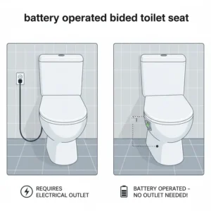A comparison diagram showing how a battery operated bidet toilet seat functions perfectly without the need for an electrical outlet.