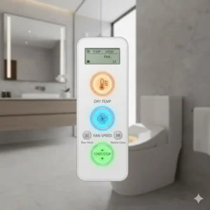 Close-up of a remote control with specific buttons for the bidet seat dryer.