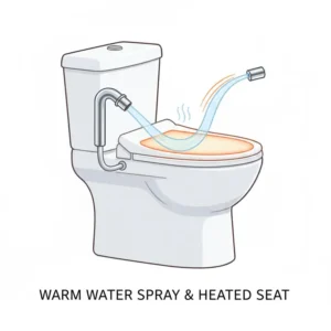 Technical diagram of a nozzle emitting warm water from a bidet heated system.