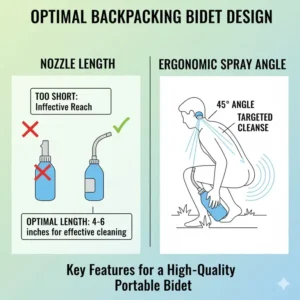 Diagram illustrating the optimal nozzle length and water spray angle needed for effective cleaning with the best backpacking bidet.