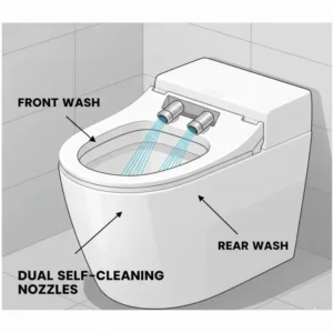 Illustration 3: The self-cleaning dual nozzle system of an advanced bidet toilet with dryer and heated seat.