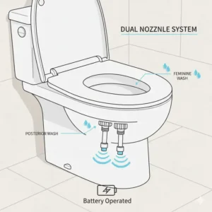 Technical drawing of the dual nozzle system designed for the hygienic battery operated bidet toilet seat.