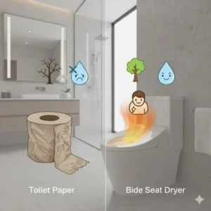 Graphic showing how using a bidet seat dryer reduces toilet paper waste.