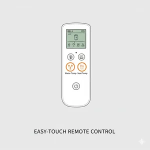 A wireless remote control displaying temperature settings for a smart bidet heated device.