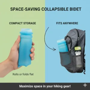 A person demonstrating how to collapse or roll up a flexible bidet bottle for space-saving storage in a hiking gear kit, featuring the best backpacking bidet design.