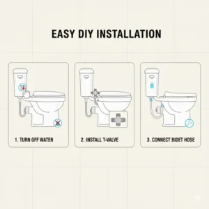Step-by-step guide illustrating the water supply connection for a new battery operated bidet toilet seat.