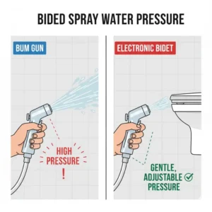 Close-up visual representing the stream and control of water pressure between a high-power bum gun vs bidet nozzle.