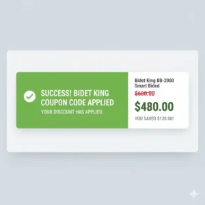 Screen displaying a "Success! Bidet king coupon code applied" message, confirming the discount.