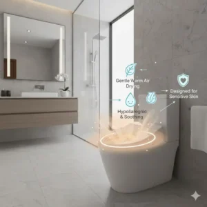 Illustration of the gentle drying process of a bidet seat dryer for sensitive skin.