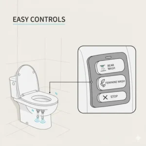 Close-up view of the user-friendly side control buttons on a non-electric battery operated bidet toilet seat.