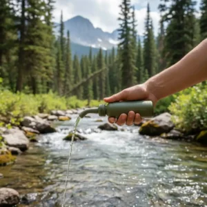 A hiker's hand using a small, simple bidet in a wilderness setting, promoting hygiene and "leave no trace" principles using the best backpacking bidet.