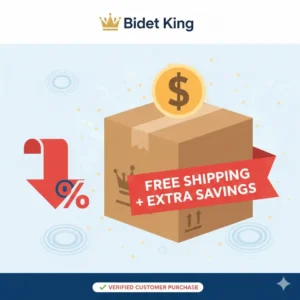 Icon showing a package and savings percentage, often combined with a bidet king discount code for free shipping.
