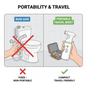Image comparing a small travel sprayer and a fixed unit, discussing portability in the context of bum gun vs bidet options.