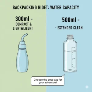 Image of two different travel bidet bottles highlighting their water volume (e.g., 300ml vs. 500ml) for comparison, helping choose the best backpacking bidet capacity.