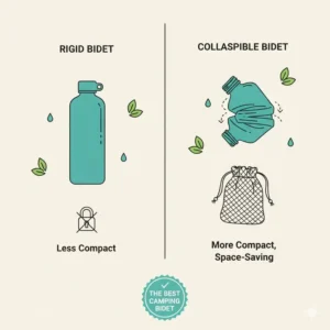 A compact, empty soft-material travel bottle shown fully collapsed and stored in a small mesh bag, illustrating the space-saving design of the best camping bidet for ultralight backpackers.