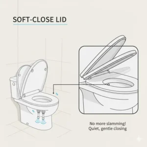 Illustration of the quiet soft-close lid mechanism integrated into the battery operated bidet toilet seat.