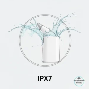 Illustration highlighting the IPX7 waterproof durability of a battery operated bidet.