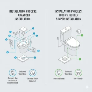 Step-by-step diagram illustrating the comparative complexity of installation for toto vs kohler bidet toilets units. Xuất sang Trang tính