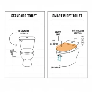 Illustration 7: Comparison diagram highlighting the benefits of a bidet toilet with dryer and heated seat.