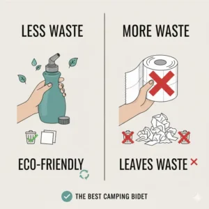 An image of a very small amount of toilet paper being used alongside a handheld bidet, illustrating how using the best camping bidet significantly reduces waste and leaves no trace.