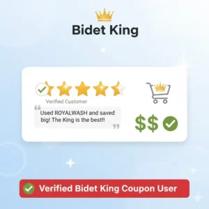 A five-star graphic confirming a verified customer successfully used the bidet king discount code for their recent purchase.