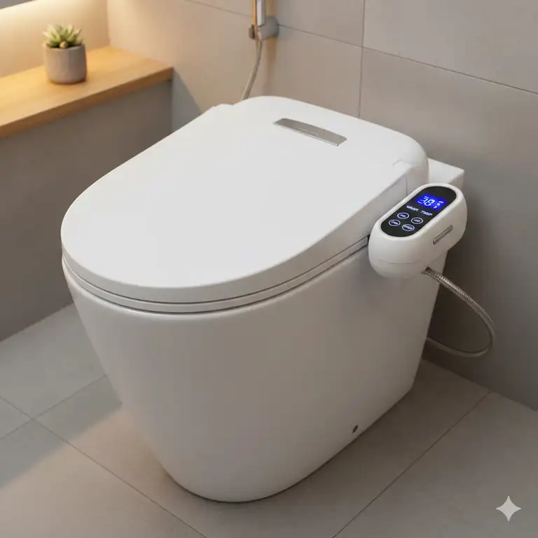 A luxury bathroom setting featuring a modern bidet attachment dryer installed on a white toilet.