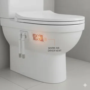 Close-up technical illustration of the air flow from a bidet attachment dryer vent.