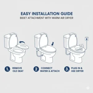 Diagram showing the simple steps to connect a bidet attachment dryer to a standard toilet.