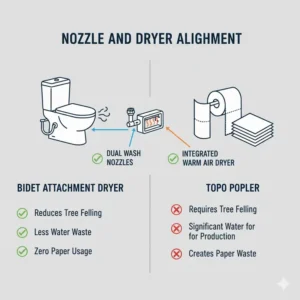 Interior view of a toilet bowl showing the nozzle and bidet attachment dryer positioning.