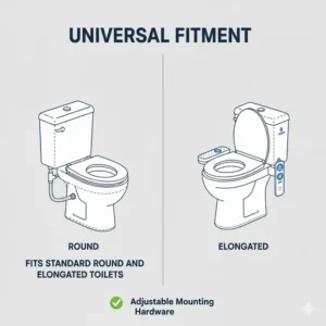 Dimensions and compatibility chart for a universal bidet attachment dryer model.