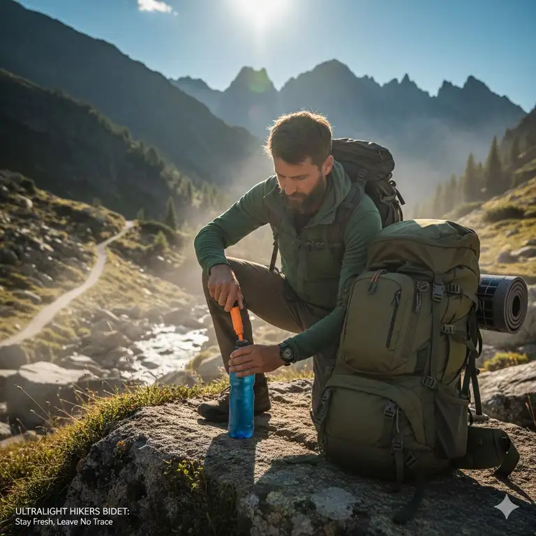 A person attaching a portable hikers bidet to a water bottle while backpacking in the mountains.