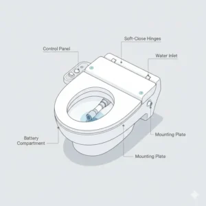 A professional product overview of a high-quality battery bidet toilet seat showing all its main components.