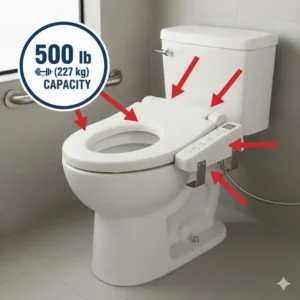 Diagram showing the 500-pound weight capacity and structural durability of a bariatric bidet.