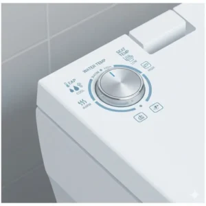 Close-up view of the adjustable temperature control dial on a heated bidet attachment for toilet.