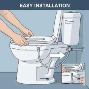 Step-by-step illustration showing the easy installation process of a bidet for men.